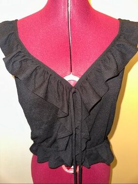iris Black Ruffle V-Neck Tie-Front Blouse